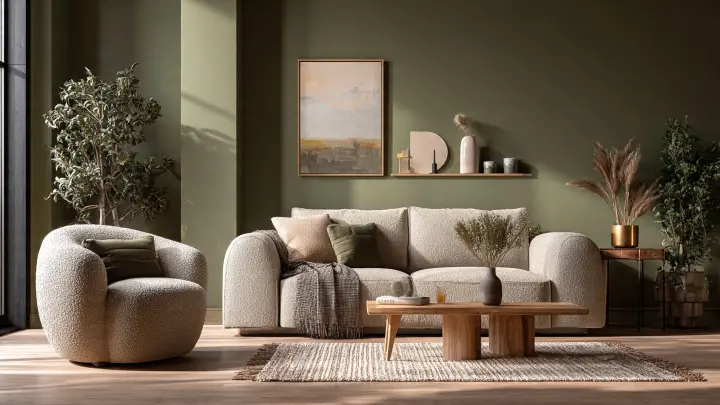 Living room contemporaneo con parete verde oliva effetto pittura opaca, divano beige in tessuto naturale, poltrona in bouclé, mobile in legno di rovere, tappeto neutro, opere d'arte minimal, piante decorative e dettagli in ottone. Ambiente caldo e accogliente con interior design italiano.