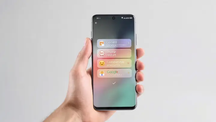 Soluzioni per Emoji Kitchen che non funziona: aggiornare Gboard e riavviare il telefono Mano che tiene smartphone con menu di soluzioni per Emoji Kitchen: aggiorna Gboard, riavvia telefono, verifica compatibilità emoji e Google