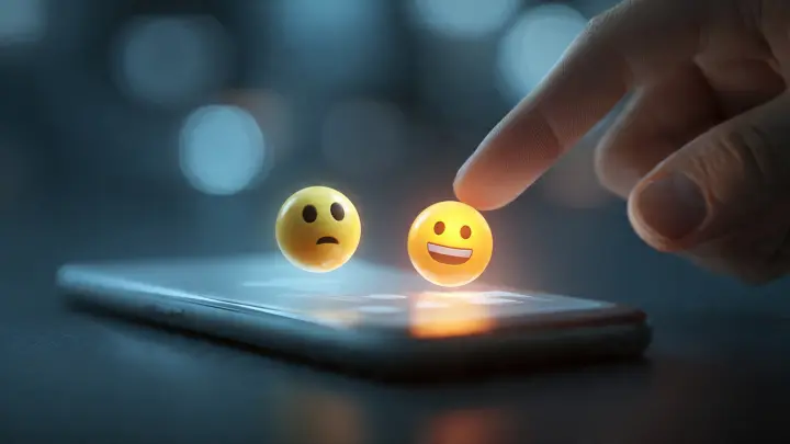 Mano che crea emoji con fusione Emoji Kitchen su Android Mano che usa uno smartphone Android per selezionare due emoji che si fondono in una nuova creazione Emoji Kitchen, con interfaccia moderna ed effetto glow 3D