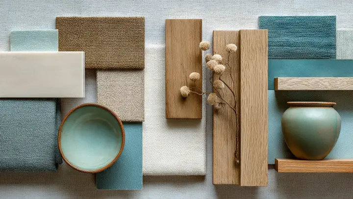 Moodboard celeste e azzurro, materiali e abbinamenti naturali per interni Moodboard con campioni di tessuti, legno, ceramica e piastrelle nelle sfumature celeste e azzurro polvere con vaso verde salvia