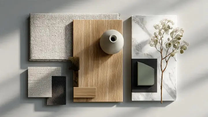 Moodboard color palette grigio perla con legno rovere, lino beige e dettagli japandi Moodboard fotorealistico con parete grigio perla, campioni di legno di rovere naturale, tessuto lino beige, dettagli verde salvia, metallo nero opaco, ottone spazzolato e marmo bianco venato di grigio in stile scandinavo e japandi.