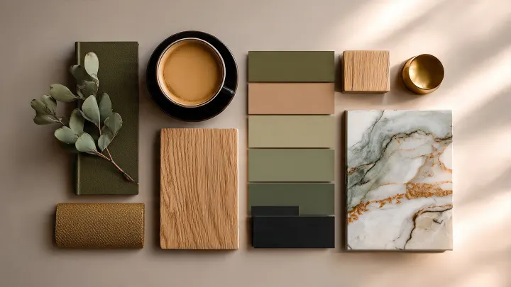 Moodboard di interior design con palette verde oliva. Campioni colore in verde oliva, beige caldo, tortora, avorio, terracotta, nero opaco e ottone. Materiali naturali come legno di rovere, lino, marmo e travertino disposti in composizione elegante vista dall'alto, illuminati da luce naturale soft.