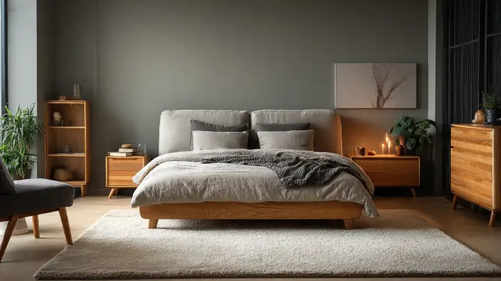 Moquette a pelo alto in camera da letto moderna - morbidezza e calore Camera da letto moderna con letto in legno, comodini chiari e grande moquette beige a pelo alto soffice sotto il letto