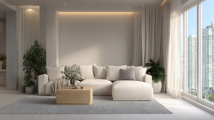 Moquette moderna in soggiorno luminoso - comfort e stile contemporaneo Soggiorno moderno luminoso con divano bianco, tavolino in legno chiaro e grande moquette grigia a trama bassa che rende l'ambiente caldo e accogliente