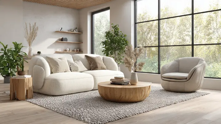 Soggiorno moderno in stile japandi con divano bouclé bianco, poltrona curva e grande tappeto moquette beige intrecciato a trama grossa su parquet chiaro