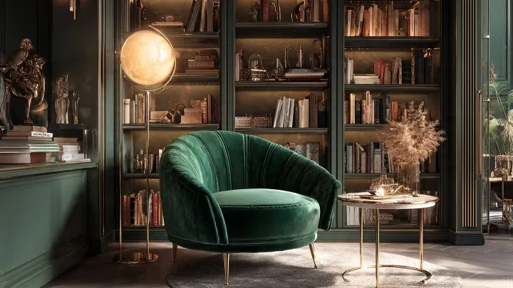 Angolo lettura Neo Deco con poltrona in velluto verde bosco, lampada da terra a globo in ottone satinato, tavolino rotondo in marmo e ottone e libreria con libri e oggetti decorativi