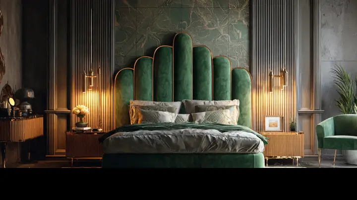 Camera da letto Neo Deco con testiera curva in velluto verde bosco, comodini in marmo bianco e ottone, applique a globo dorate, tappeto geometrico e boiserie con profili in ottone