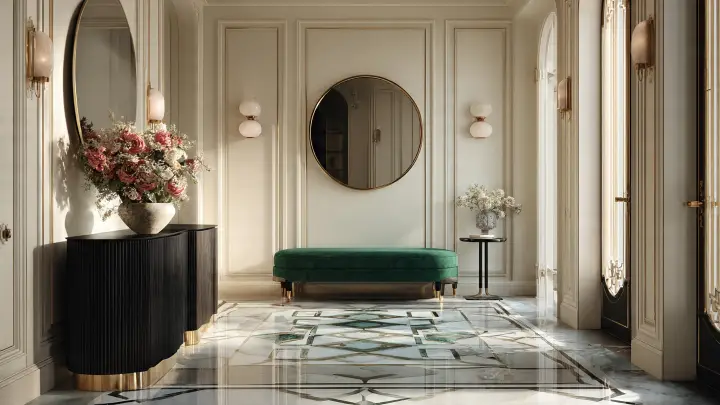 Ingresso Neo Deco con consolle curva in noce e ottone, specchio tondo con cornice dorata, panca in velluto verde bosco, pavimento in marmo con intarsi geometrici in ottone, boiserie crema con profili dorati e applique a globo