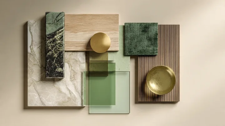 Flat lay di campioni materiali Neo Deco: marmo bianco, velluto verde bosco, ottone satinato, legno naturale e vetro fumé