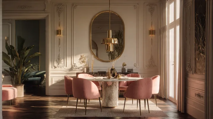 Sala da pranzo Neo Deco con tavolo rotondo in marmo bianco, sedie curve in velluto rosa cipria, lampadario ad anello in ottone satinato e specchiera con boiserie color crema