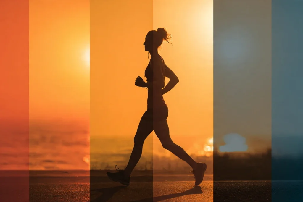 Silhouette di donna con capelli raccolti che corre sul lungomare al tramonto, cielo arancione intenso, immagine composta da bande verticali con gradazioni dal rosso al blu