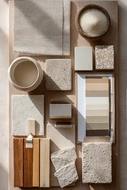 Moodboard RAL Sabbia - materiali naturali, pietre e palette beige tortora Moodboard materico RAL Sabbia con campioni di pietra naturale, legno, tessuto lino beige e scala colori tortora su tavola in legno