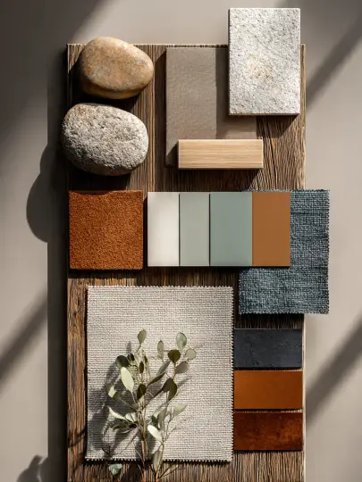 Moodboard RAL Sabbia con materiali naturali - abbinamenti beige, terracotta e tortora Moodboard materiali naturali con palette RAL Sabbia, pietre, tessuti beige, legno e mazzette colori terracotta e salvia
