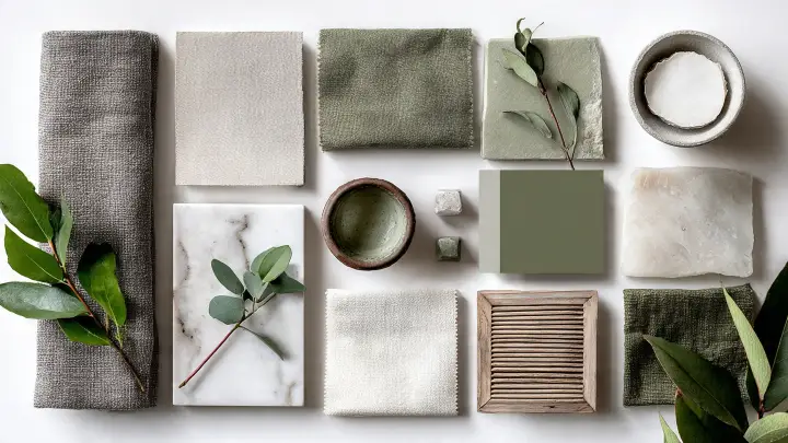 Moodboard flat lay con campioni di tessuti grigio perla e verde salvia, piastrelle in gres, marmo bianco, legno naturale e foglie di eucalipto