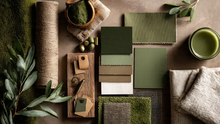 Moodboard con palette verde muschio, campioni tessuti beige, verde salvia e marrone, juta e foglie 
