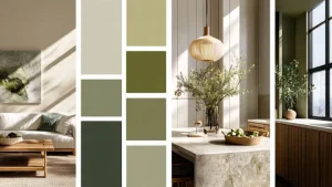 Palette di verdi naturali per interni: soggiorno con divano neutro e legno chiaro, camera con parete verde salvia, cucina con isola in marmo e dettagli verde oliva. Stile modern organic e Japandi con luce naturale.