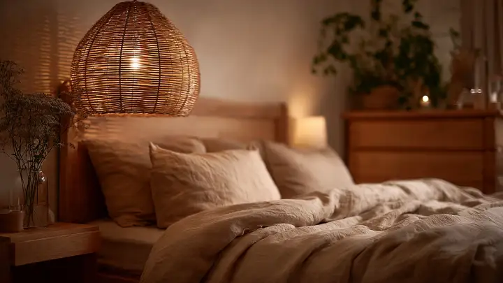 Paralume a cupola in rattan per camera da letto accogliente e naturale Paralume a cupola in rattan intrecciato sospeso sopra letto in lino naturale in camera da letto con luce calda serale