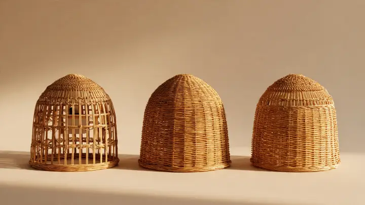 Paralumi a cupola in rattan con intrecci artigianali diversi Tre paralumi a cupola in rattan con intrecci artigianali diversi allineati su sfondo neutro