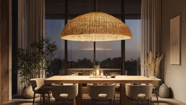 Grande paralume a cupola in rattan per sala da pranzo accogliente e naturale Grande paralume a cupola in rattan intrecciato sospeso sopra tavolo da pranzo in legno in sala moderna al tramonto