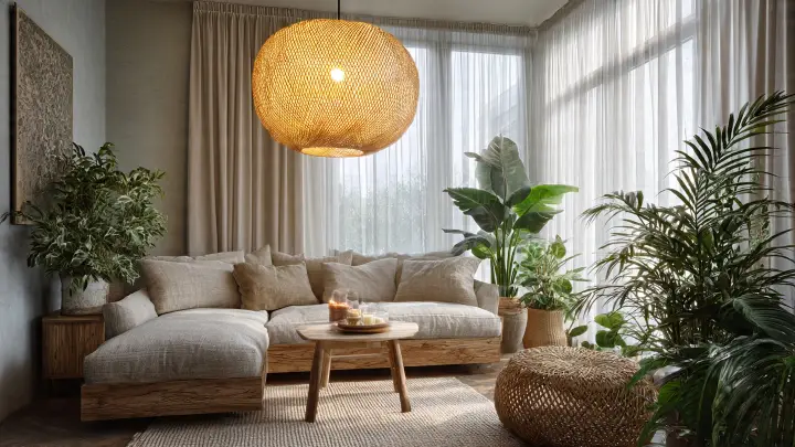 Grande paralume a globo in rattan per soggiorno boho accogliente con piante Grande paralume a globo in rattan intrecciato sospeso in soggiorno boho con divano angolare in lino e piante tropicali