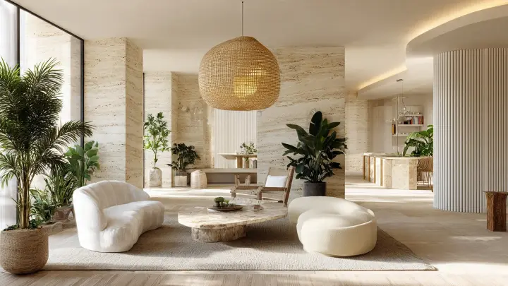 Paralume a globo in rattan per soggiorno luminoso naturale e accogliente Grande paralume a globo in rattan intrecciato sospeso in soggiorno luminoso con divani curvi bianchi e pietra travertino