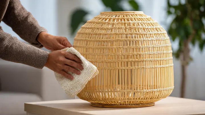 Pulizia e cura del paralume in rattan naturale intrecciato Mani che puliscono con panno morbido un paralume in rattan naturale intrecciato appoggiato su tavolo in legno chiaro