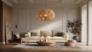 Paralume in rattan intrecciato a sospensione al centro di un soggiorno moderno dai toni neutri e accoglienti