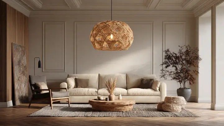 Paralume in rattan intrecciato a sospensione al centro di un soggiorno moderno dai toni neutri e accoglienti