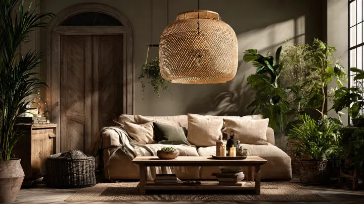 Paralume sospeso in rattan intrecciato che diffonde luce calda in un soggiorno moderno e naturale