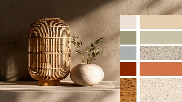Paralume in rattan con styling naturale e palette colori terrosi Paralume in rattan naturale a gabbia accanto a vaso in pietra con ramoscello e palette colori nei toni sabbia salvia e terracotta