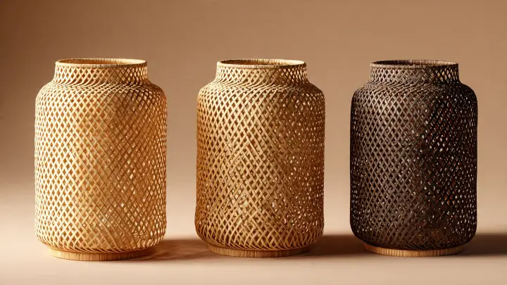 Trio di paralumi in rattan nelle tonalita naturali Tre paralumi in rattan intrecciato in tonalita beige chiaro naturale e marrone scuro allineati su sfondo neutro