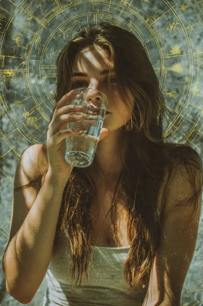 Giovane donna con capelli castani lunghi che beve acqua da un bicchiere trasparente, sullo sfondo grafica dorata di ruota zodiacale con simboli e costellazioni, luce naturale con ombre di foglie sul viso