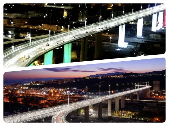 Ponte San Giorgio Genova di notte Collage di due immagini notturne del Ponte San Giorgio a Genova: in alto vista ravvicinata del viadotto illuminato con piloni verdi e auto in transito, in basso vista panoramica del ponte curvo con la città e il mare sullo sfondo al tramonto