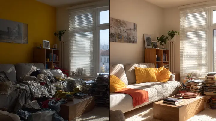 Split screen verticale di un soggiorno prima e dopo le vacanze. A sinistra stanza afosa con sole intenso, tapparelle aperte e termometro a 32°C. A destra stanza fresca con finestre aperte, corrente d'aria, tapparelle abbassate e termometro a 26°C.