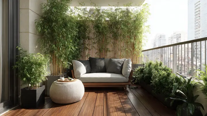 Balcone con divanetto, pouf e schermo di bambù Balcone piccolo con divanetto e cuscini, pouf rotondo e canne di bambù come schermo naturale