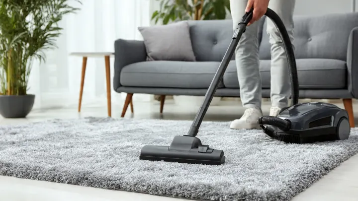 Come pulire e mantenere la moquette moderna - aspirazione moquette Persona che pulisce con aspirapolvere una moquette grigia a pelo lungo in soggiorno moderno - manutenzione moquette