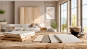 Campionario colori RAL Sabbia in tonalità beige, greige e bianco su tavolo in legno rustico in soggiorno moderno