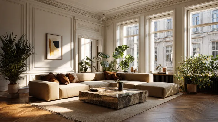 Soggiorno di lusso fotorealistico in stile scandinavo contemporaneo. Grande divano moderno, pavimento in parquet di rovere, tavolino in marmo, finestre a tutta altezza con luce solare cinematografica, illuminazione calda indiretta e piante d'interni. Palette neutra ed elegante con texture realistiche, qualità da rivista di interior design, formato 16:9.