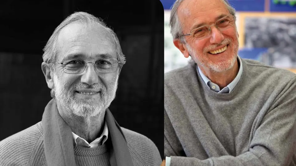 Collage orizzontale 16:9 di due ritratti dell'architetto Renzo Piano. A sinistra foto in bianco e nero con sciarpa e sfondo scuro. A destra foto a colori con maglione grigio e camicia, su sfondo con bacheche. Tra le due immagini c'è un bordo bianco.