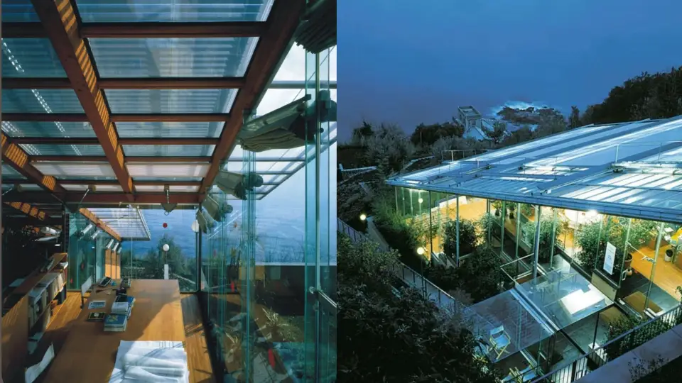Collage orizzontale del Renzo Piano Building Workshop a Genova. A sinistra l'interno luminoso con lungo tavolo in legno, soffitto in vetro e vista sul mare. A destra la vista esterna notturna della struttura in vetro e acciaio immersa nel verde.