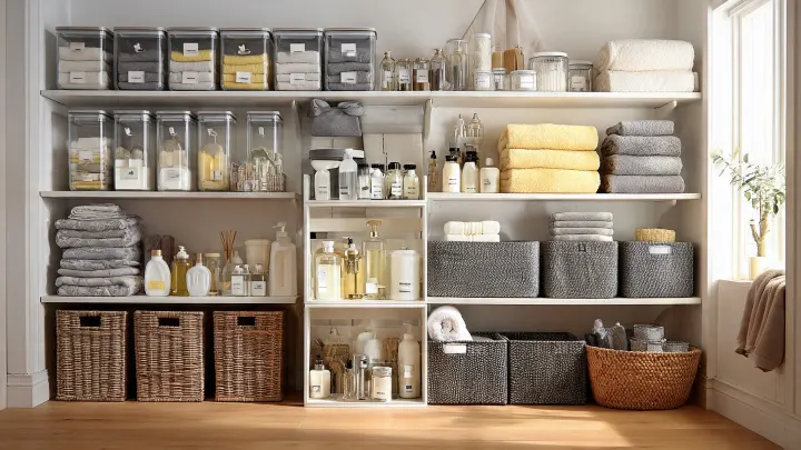 Ripostiglio domestico ben organizzato con scaffali bianchi. Contenitori trasparenti impilati con etichette minimal, scatole in tessuto e cestini ordinati per categorie. Prodotti per la casa disposti in modo funzionale. Design semplice e moderno con colori neutri, atmosfera pulita e accogliente. Fotografia realistica di interior design con luce naturale, alta definizione, senza persone, formato orizzontale 16:9.