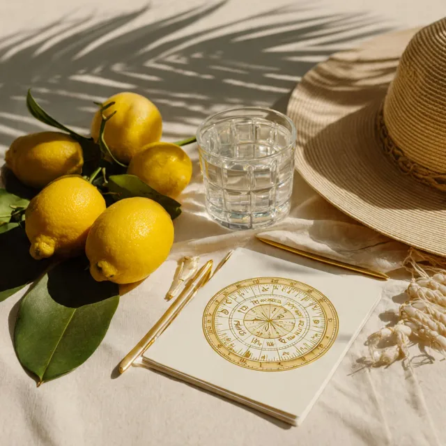 Composizione su telo chiaro con cinque limoni con foglie, bicchiere d'acqua trasparente, cappello di paglia, quaderno bianco con ruota zodiacale dorata e due penne oro, con ombra di palma proiettata dal sole
