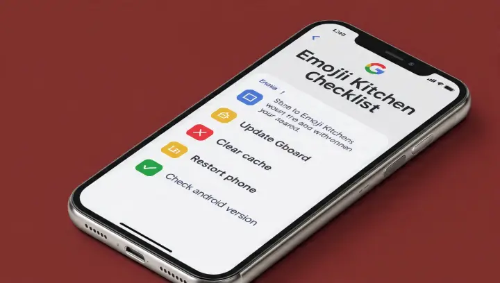 Emoji Kitchen checklist: le 4 soluzioni per farlo tornare a funzionare Smartphone inclinato su sfondo rosso che mostra checklist Emoji Kitchen con soluzioni: aggiorna Gboard, svuota cache, riavvia telefono e verifica versione Android