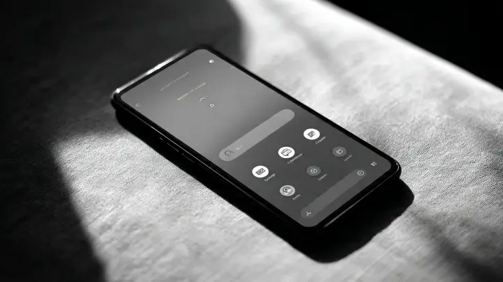 Schermata smartphone minimal in bianco e nero con 4 app essenziali Schermata iniziale minimal di uno smartphone in bianco e nero con interfaccia ultra pulita. Visibili solo 4 icone essenziali: telefono, messaggi, mappe e fotocamera. Design piatto, alto contrasto, luce soffusa, stile editoriale tecnologico senza distrazioni.