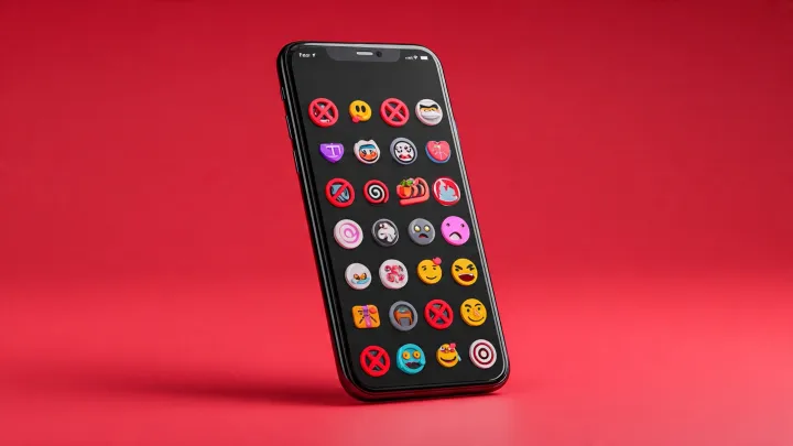 Combinazioni emoji riuscite e bloccate su smartphone con simbolo di divieto rosso Smartphone con esempi di combinazioni emoji riuscite e altre bloccate da un simbolo di divieto rosso, in stile infografica 3D moderna con colori vivaci