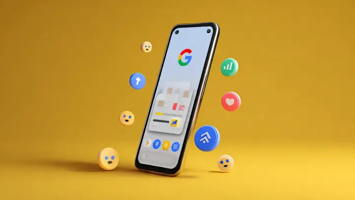 Perché Emoji Kitchen di Gboard non funziona e come farlo tornare a funzionare Smartphone inclinato su sfondo giallo senape con logo Google e tastiera Gboard sullo schermo, circondato da emoji 3D e icone fluttuanti