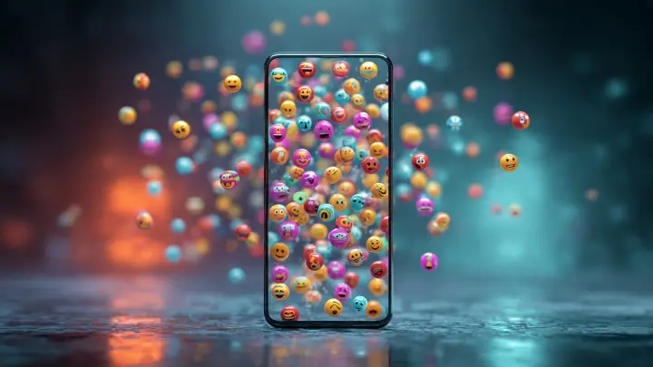 Smartphone con pioggia di emoji fuse 3D Emoji Kitchen Smartphone al centro con pioggia di nuove emoji fuse 3D che escono dallo schermo su sfondo futuristico con colori vivaci