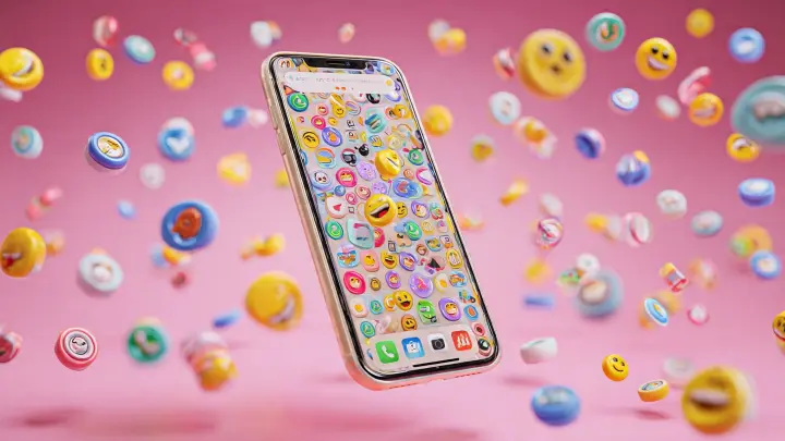 Sticker Emoji Kitchen 3D su chat WhatsApp Smartphone con chat WhatsApp aperta e tanti sticker colorati stile Emoji Kitchen 3D che riempiono lo schermo, atmosfera divertente e notifiche