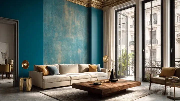 Parete azzurro petrolio intenso per soggiorno di lusso, differenza con il celeste chiaro Soggiorno elegante con parete azzurro petrolio materica, grande divano bianco, tavolino in legno scuro e vetrate alte con cornici nere
