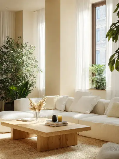 Soggiorno in RAL Sabbia 1015 - pareti beige caldo e arredo in legno e lino Soggiorno luminoso con pareti RAL Sabbia beige chiaro, divano bianco bouclé e tavolino basso in legno naturale con piante verdi
